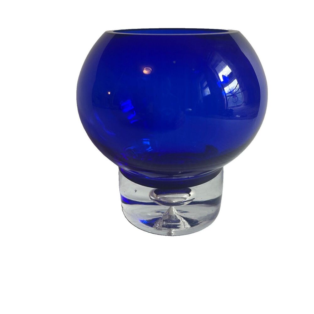 Cobalt Blue Glass Globe Vase Candle Votive Holder Suspended Bubble Clear Bottom